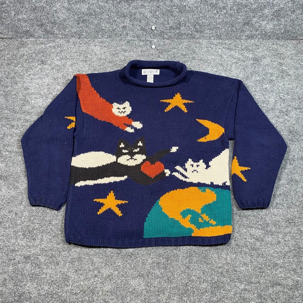 Vintage Accento Cat Celestial Moon Stars Cotton Knit Sweater Navy Blue Large